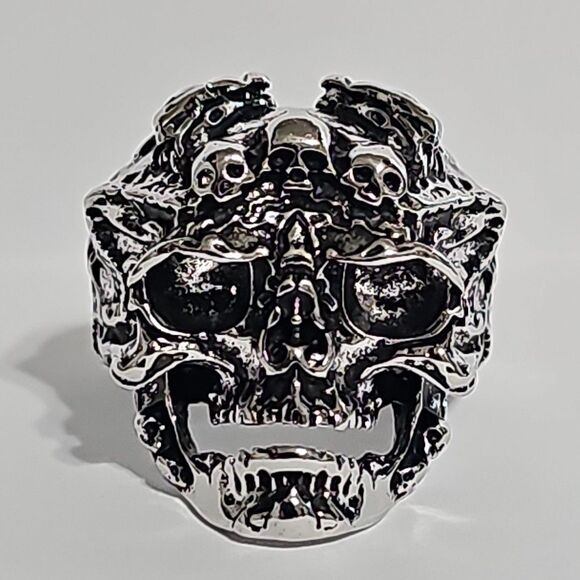 Mens Gothic Skull Ring W/ Dragon & Skull Engraving Adjustable Open Band Alloy - Picture 3 of 8